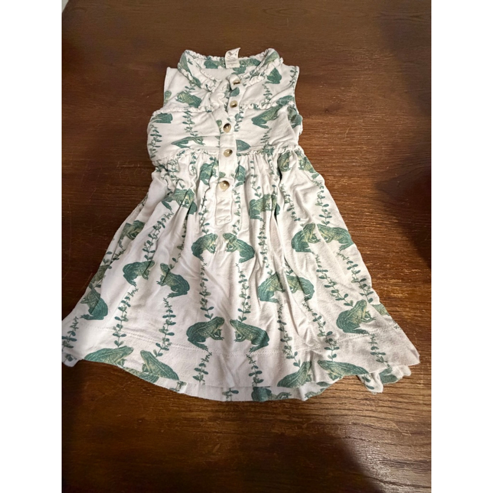 Kate Quinn Bamboo Frog Dress Woodland Print Sleeveless Ruffle Trim